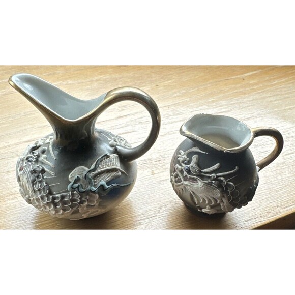 Japan Asian Dragon Ware Dragonware Pair Porcelain Miniature Pitchers 2”  Gray - Picture 1 of 6